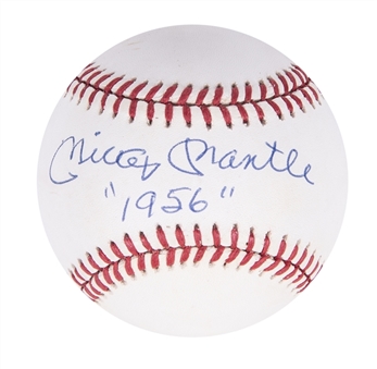 Mickey Mantle Signed OAL Brown Baseball With "1956" Inscription (PSA/DNA NM-MT 8.5+) 